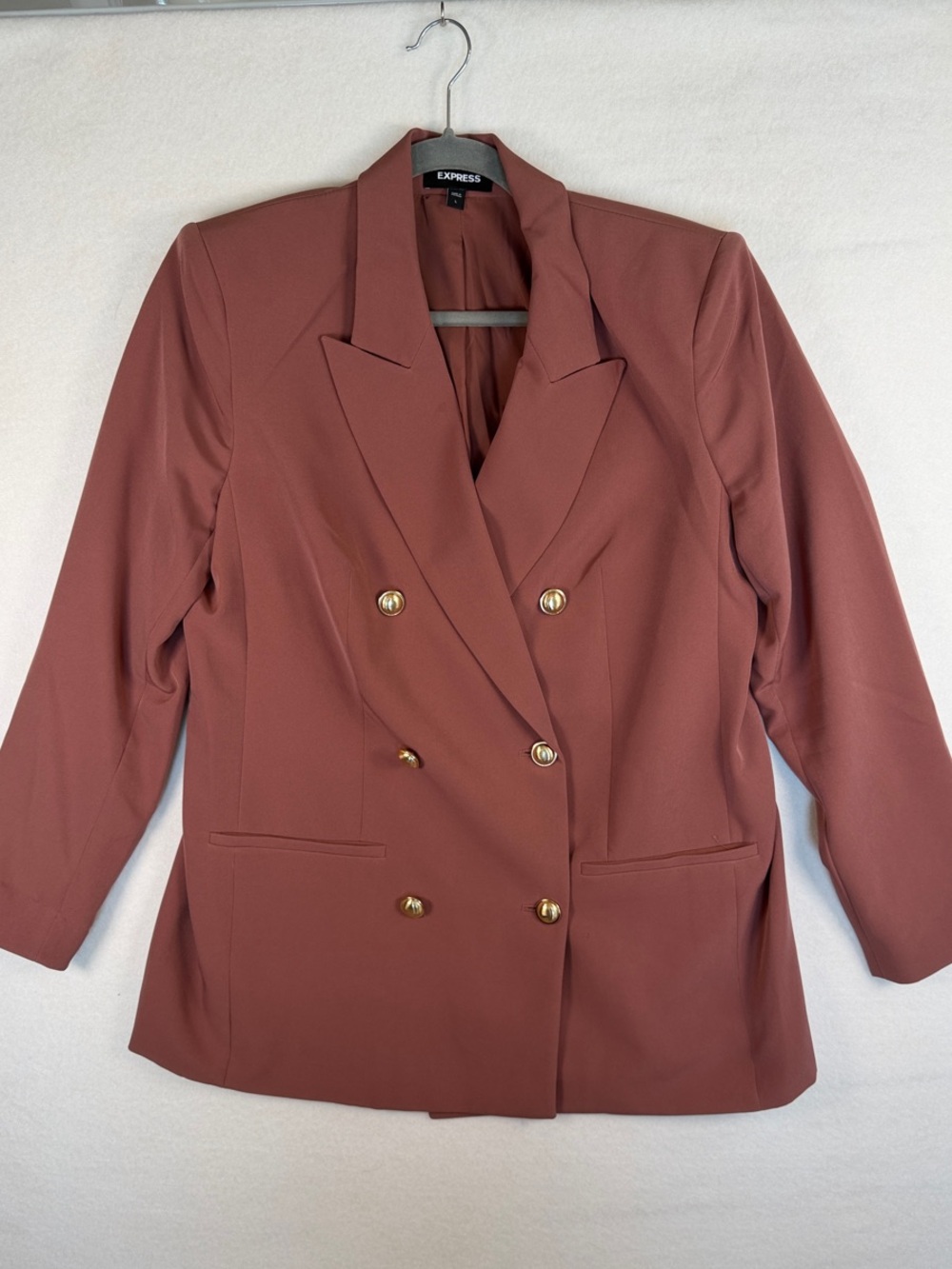 Express Double-Breasted Terracotta Blazer with Gold Buttons